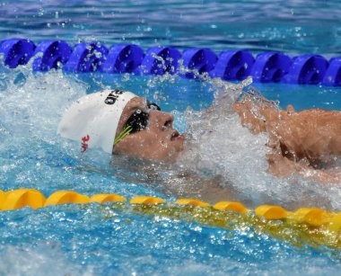 Budapeşte, Macaristan - 30 Temmuz 2017. 400 m bireysel karışık Final rekabetçi yüzücü Verraszto David (Hun). Duna arenada Fina yüzme Dünya Şampiyonası düzenlendi.