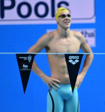 Budapeşte, Macaristan - 29 Temmuz 2017. 50 m sırtüstü yarı final rekabetçi yüzücü Xu Jiayu (Chn). Duna arenada Fina yüzme Dünya Şampiyonası düzenlendi.