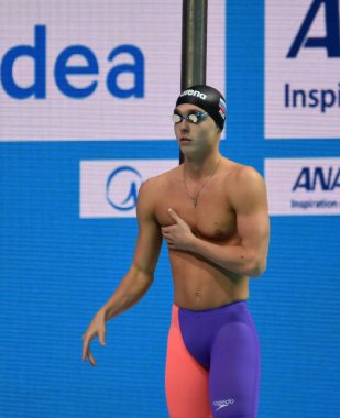 Budapeşte, Macaristan - 28 Temmuz 2017. 200 m kurbağalama Final rekabetçi yüzücü Chupkov Anton (Rus). Duna arenada Fina yüzme Dünya Şampiyonası düzenlendi.
