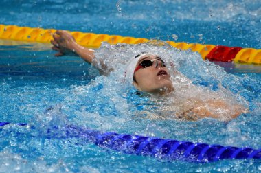 Budapeşte, Macaristan - 27 Temmuz 2017. Rekabetçi yüzücü Telegdy Adam (Hun) 200 m sırtüstü yarı final. Duna arenada Fina yüzme Dünya Şampiyonası düzenlendi.