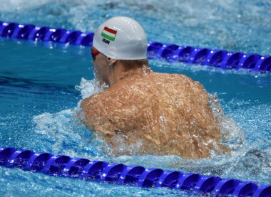 Budapeşte, Macaristan - 30 Temmuz 2017. Gyurta Daniel (Hun) Erkekler 4x100m Medley geçiş son. Duna arenada Fina yüzme Dünya Şampiyonası düzenlendi.
