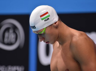 Budapeşte, Macaristan - 28 Temmuz 2017. Lobanovskij 50 m serbest stil yüzme Maxim (Hun) rekabetçi yüzücü. Fina yüzme Dünya Şampiyonası ön ısıtır Duna Arena.