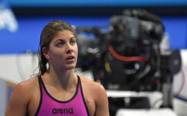 Budapeşte, Macaristan - 26 Temmuz 2017. Rekabetçi yüzücü Szilagyi 200 m yüzme Liliana (Hun) kelebek. Fina yüzme Dünya Şampiyonası ön ısıtır Duna Arena.
