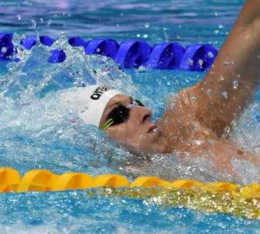 Budapeşte, Macaristan - 30 Temmuz 2017. 400 m bireysel karışık Final rekabetçi yüzücü Verraszto David (Hun). Duna arenada Fina yüzme Dünya Şampiyonası düzenlendi.