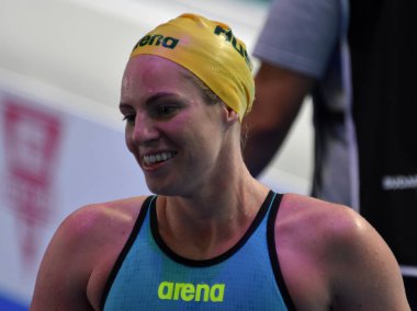 Budapeşte, Macaristan - 27 Temmuz 2017. 50 m sırtüstü Final rekabetçi yüzücü Seebohm Emily (Aus). Duna arenada Fina yüzme Dünya Şampiyonası düzenlendi.