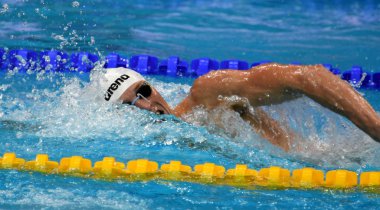 Budapeşte, Macaristan - 30 Temmuz 2017. 400 m bireysel karışık Final rekabetçi yüzücü Verraszto David (Hun). Duna arenada Fina yüzme Dünya Şampiyonası düzenlendi.