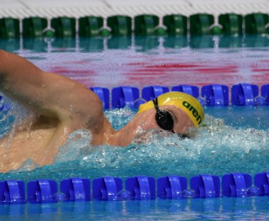 Budapeşte, Macaristan - 30 Temmuz 2017. 1500 m serbest stil Final rekabetçi yüzücü Horton Mack (Aus). Duna arenada Fina yüzme Dünya Şampiyonası düzenlendi.