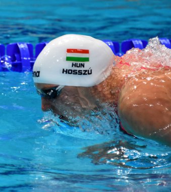 Budapeşte, Macaristan - 27 Temmuz 2017. 200 m kelebek Final rekabetçi yüzücü Hosszu Katinka (Hun). Duna arenada Fina yüzme Dünya Şampiyonası düzenlendi.