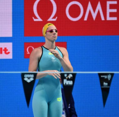 Budapeşte, Macaristan - 28 Temmuz 2017. Rekabetçi yüzücü Seebohm Emily (Aus) 200 m sırtüstü yarı final. Duna arenada Fina yüzme Dünya Şampiyonası düzenlendi