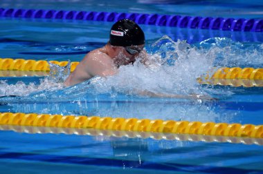 Budapeşte, Macaristan - 27 Temmuz 2017. Rekabetçi yüzücü Murdoch Ross (Gbr) 200 m kurbağalama yarı final. Duna arenada Fina yüzme Dünya Şampiyonası düzenlendi.