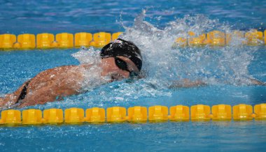 Budapeşte, Macaristan - 29 Temmuz 2017. 800 m serbest stil Final rekabetçi yüzücü Ledecky Katie (ABD). Duna arenada Fina yüzme Dünya Şampiyonası düzenlendi.