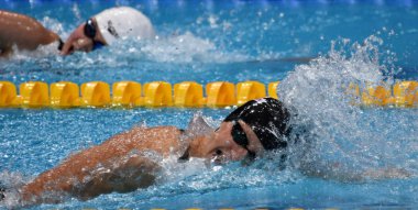 Budapeşte, Macaristan - 29 Temmuz 2017. 800 m serbest stil Final rekabetçi yüzücü Ledecky Katie (ABD). Duna arenada Fina yüzme Dünya Şampiyonası düzenlendi.