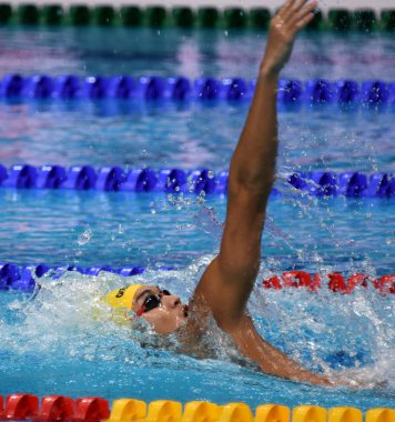 Budapeşte, Macaristan - 27 Temmuz 2017. Rekabetçi yüzücü Xu Jiayu (Chn) 200 m sırtüstü yarı final. Duna arenada Fina yüzme Dünya Şampiyonası düzenlendi.