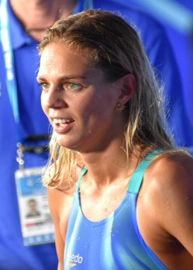 Budapeşte, Macaristan - 28 Temmuz 2017. 200 m kurbağalama Final rekabetçi yüzücü Efimova Yuliya (Rus). Duna arenada Fina yüzme Dünya Şampiyonası düzenlendi.