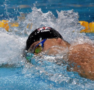 Budapeşte, Macaristan - 28 Temmuz 2017. James (Gbr) Erkekler 4x200m serbest son adam. Kısa Kulvar Yüzme Şampiyonası Duna arenada.