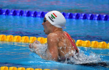 Budapeşte, Macaristan - 30 Temmuz 2017. 400 m bireysel karışık Final rekabetçi yüzücü Katinka Hosszu (Hun). Duna arenada Fina yüzme Dünya Şampiyonası düzenlendi.