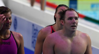 Budapeşte, Macaristan - 26 Temmuz 2017. Koch Marco (Ger) 4x100m karma karışık geçiş Final sonra. Duna arenada Fina yüzme Dünya Şampiyonası düzenlendi.
