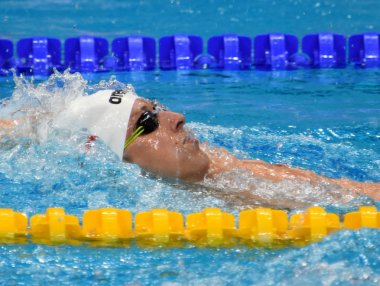 Budapeşte, Macaristan - 30 Temmuz 2017. 400 m bireysel karışık Final rekabetçi yüzücü Verraszto David (Hun). Duna arenada Fina yüzme Dünya Şampiyonası düzenlendi.