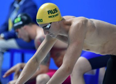 Budapeşte, Macaristan - 28 Temmuz 2017. 50 m serbest stil yarı final rekabetçi yüzücü Mcevoy Cameron (Aus). Duna arenada Fina yüzme Dünya Şampiyonası düzenlendi.