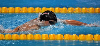 Budapeşte, Macaristan - 29 Temmuz 2017. 800 m serbest stil Final rekabetçi yüzücü Ledecky Katie (ABD). Duna arenada Fina yüzme Dünya Şampiyonası düzenlendi.