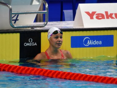 Budapeşte, Macaristan - 27 Temmuz 2017. Rekabetçi yüzücü Oleksiak kuruş (Can) 100 m serbest stil yarı final. Duna arenada Fina yüzme Dünya Şampiyonası düzenlendi.
