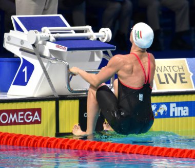 Budapeşte, Macaristan - 29 Temmuz 2017. Rekabetçi yüzücü Hosszu Katinka (Hun) 200 m sırtüstü Final. Duna arenada Fina yüzme Dünya Şampiyonası düzenlendi.