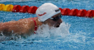 Budapeşte, Macaristan - 26 Temmuz 2017. Rekabetçi yüzücü Hosszu 200 m yüzme Katinka (Hun) kelebek. Fina yüzme Dünya Şampiyonası ön ısıtır Duna Arena.