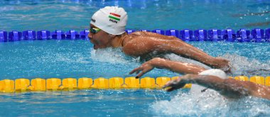 Budapeşte, Macaristan - 26 Temmuz 2017. 200m kelebek yarı final içinde rekabetçi yüzücü Szilagyi Liliana (Hun). Duna arenada Fina yüzme Dünya Şampiyonası düzenlendi.
