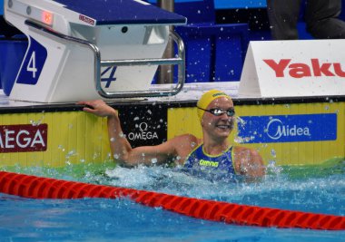 Budapeşte, Macaristan - 30 Temmuz 2017. 50 m serbest stil Final rekabetçi yüzücü Sjostrom Sarah (Swe). Duna arenada Fina yüzme Dünya Şampiyonası düzenlendi.