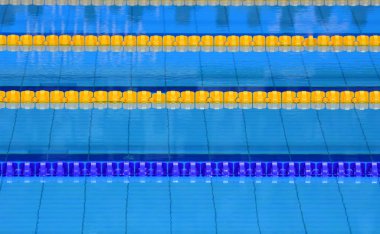 Boş bir yüzme havuzu kapalı görünümü. Bir yarış yüzme havuzu hatlarının. Spor kavramı.