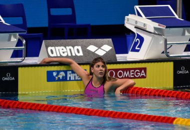 Budapeşte, Macaristan - 26 Temmuz 2017. 200m kelebek yarı final içinde rekabetçi yüzücü Szilagyi Liliana (Hun). Duna arenada Fina yüzme Dünya Şampiyonası düzenlendi.