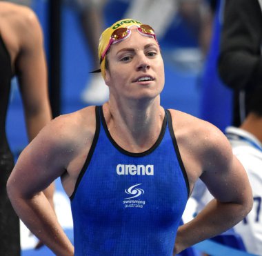 Budapeşte, Macaristan - 26 Temmuz 2017. Rekabetçi yüzücü Emily Seebohm (Aus) Yüzme 50 m sırtüstü. Fina yüzme Dünya Şampiyonası ön ısıtır Duna Arena.