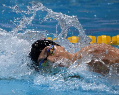 Budapeşte, Macaristan - 28 Temmuz 2017. James (Gbr) Erkekler 4x200m serbest son adam. Kısa Kulvar Yüzme Şampiyonası Duna arenada.