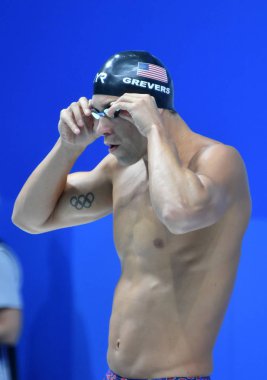 Budapeşte, Macaristan - 30 Temmuz 2017. 50 m sırtüstü Final rekabetçi yüzücü Grevers Matt (ABD). Duna arenada Fina yüzme Dünya Şampiyonası düzenlendi.