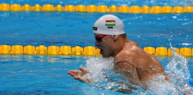Budapeşte, Macaristan - 26 Temmuz 2017. Rekabetçi yüzücü Gyurta Daniel (Hun) karışık 4x100m karışık bayrak yüzme. Fina yüzme Dünya Şampiyonası ön ısıtır Duna Arena.