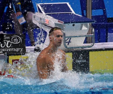 Budapeşte, Macaristan - 29 Temmuz 2017. 50 m serbest stil Final rekabetçi yüzücü Dressel Caeleb Remel (ABD). Duna arenada Fina yüzme Dünya Şampiyonası düzenlendi.