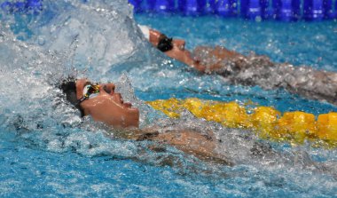 Budapeşte, Macaristan - 30 Temmuz 2017. Kadınlar 4x100m Medley geçiş son Baker Kathleen (ABD). Duna arenada Fina yüzme Dünya Şampiyonası düzenlendi.