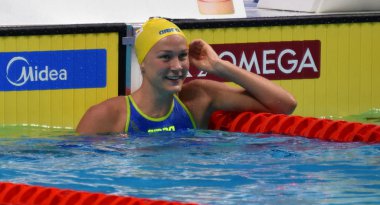 Budapeşte, Macaristan - 30 Temmuz 2017. 50 m serbest stil Final rekabetçi yüzücü Sjostrom Sarah (Swe). Duna arenada Fina yüzme Dünya Şampiyonası düzenlendi.