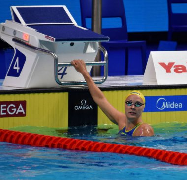 Budapeşte, Macaristan - 27 Temmuz 2017. Rekabetçi yüzücü Sjostrom Sarah (Swe) 100 m serbest stil yarı final. Duna arenada Fina yüzme Dünya Şampiyonası düzenlendi.