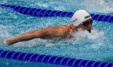 Budapeşte, Macaristan - 27 Temmuz 2017. 200 m kelebek Final rekabetçi yüzücü Hosszu Katinka (Hun). Duna arenada Fina yüzme Dünya Şampiyonası düzenlendi.