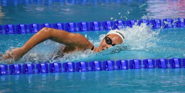 Budapeşte, Macaristan - 29 Temmuz 2017. 100 m kelebek Final rekabetçi yüzücü Cseh Laszlo (Hun). Duna arenada Fina yüzme Dünya Şampiyonası düzenlendi.