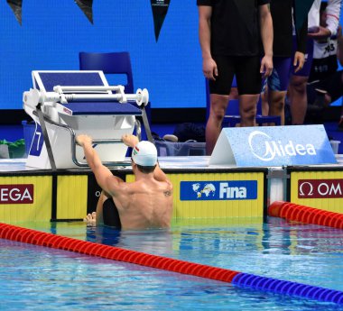 Budapeşte, Macaristan - 30 Temmuz 2017. Bohus Richard (Hun) Erkekler 4x100m Medley geçiş son. Duna arenada Fina yüzme Dünya Şampiyonası düzenlendi.