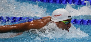 Budapeşte, Macaristan - 28 Temmuz 2017. Le Clos Chad (Rsa) 100 m kelebek yarı final rekabetçi yüzücü. Duna arenada Fina yüzme Dünya Şampiyonası düzenlendi.