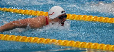 Budapeşte, Macaristan - 26 Temmuz 2017. 200m kelebek yarı final içinde rekabetçi yüzücü Hosszu Katinka (Hun). Duna arenada Fina yüzme Dünya Şampiyonası düzenlendi.