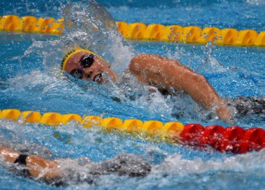 Budapeşte, Macaristan - 25 Temmuz 2017. Rekabetçi yüzücü Mckeon Emma (Aus) 200m serbest yarı final. Duna arenada Fina yüzme Dünya Şampiyonası düzenlendi.