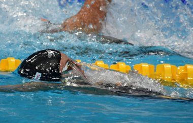 Budapeşte, Macaristan - 30 Temmuz 2017. Kadınlar 4x100m Medley geçiş son Baker Kathleen (ABD). Duna arenada Fina yüzme Dünya Şampiyonası düzenlendi.