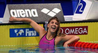 Budapeşte, Macaristan - 26 Temmuz 2017. 200m kelebek yarı final içinde rekabetçi yüzücü Szilagyi Liliana (Hun). Duna arenada Fina yüzme Dünya Şampiyonası düzenlendi.
