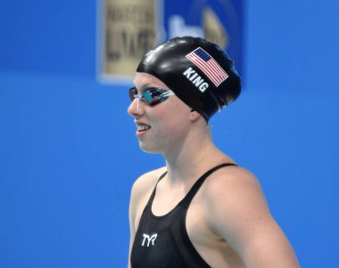 Budapeşte, Macaristan - 30 Temmuz 2017. 50 m kurbağalama Final rekabetçi yüzücü Kral Lilly (ABD). Duna arenada Fina yüzme Dünya Şampiyonası düzenlendi.