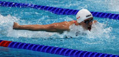 Budapeşte, Macaristan - 27 Temmuz 2017. 200 m kelebek Final rekabetçi yüzücü Hosszu Katinka (Hun). Duna arenada Fina yüzme Dünya Şampiyonası düzenlendi.