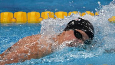 Budapeşte, Macaristan - 29 Temmuz 2017. 800 m serbest stil Final rekabetçi yüzücü Ledecky Katie (ABD). Duna arenada Fina yüzme Dünya Şampiyonası düzenlendi.